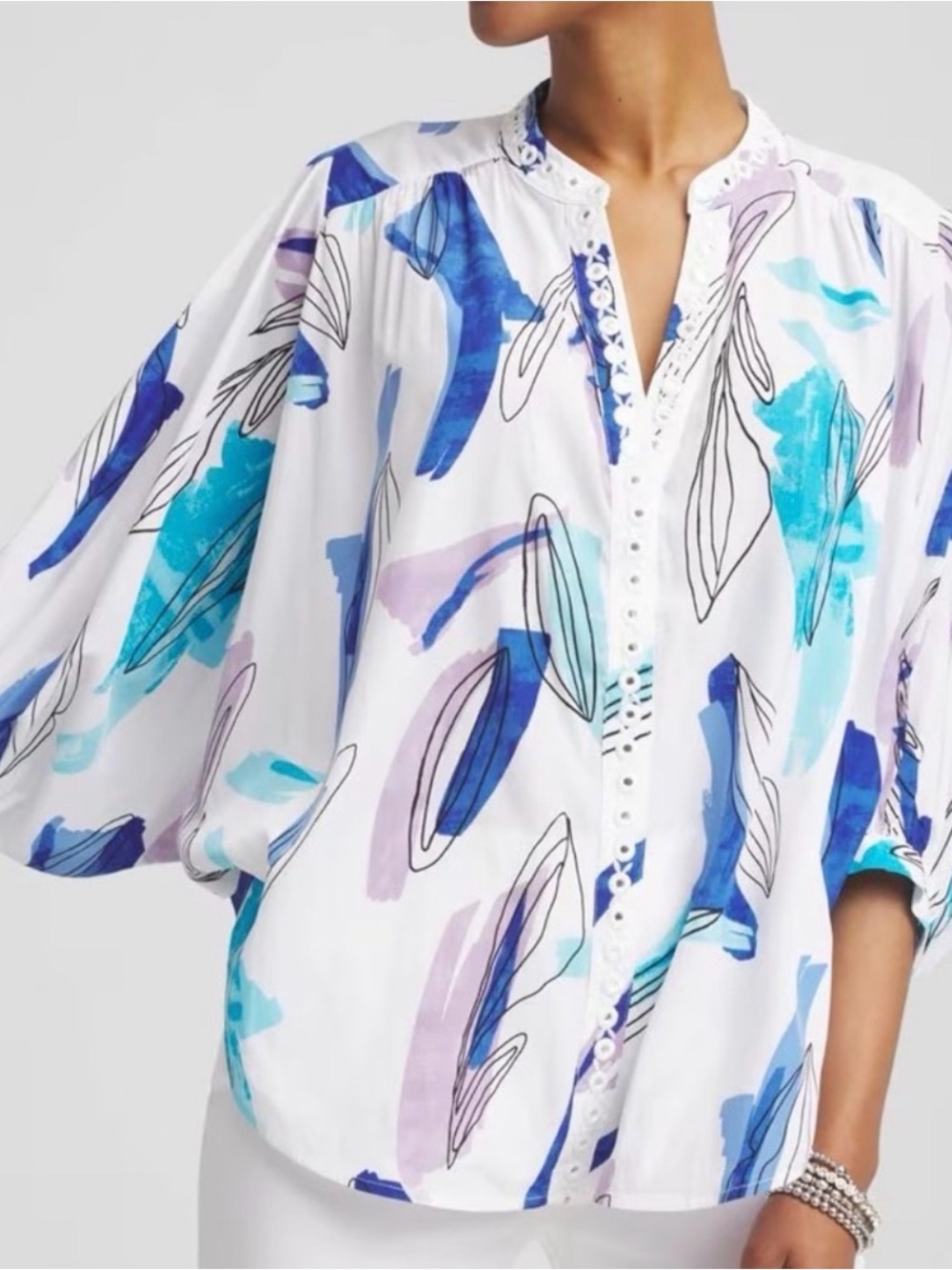 Chico’s NWOT Batwing Blouse White Blue Purple Abstract Print sz 3 (XL or 16)